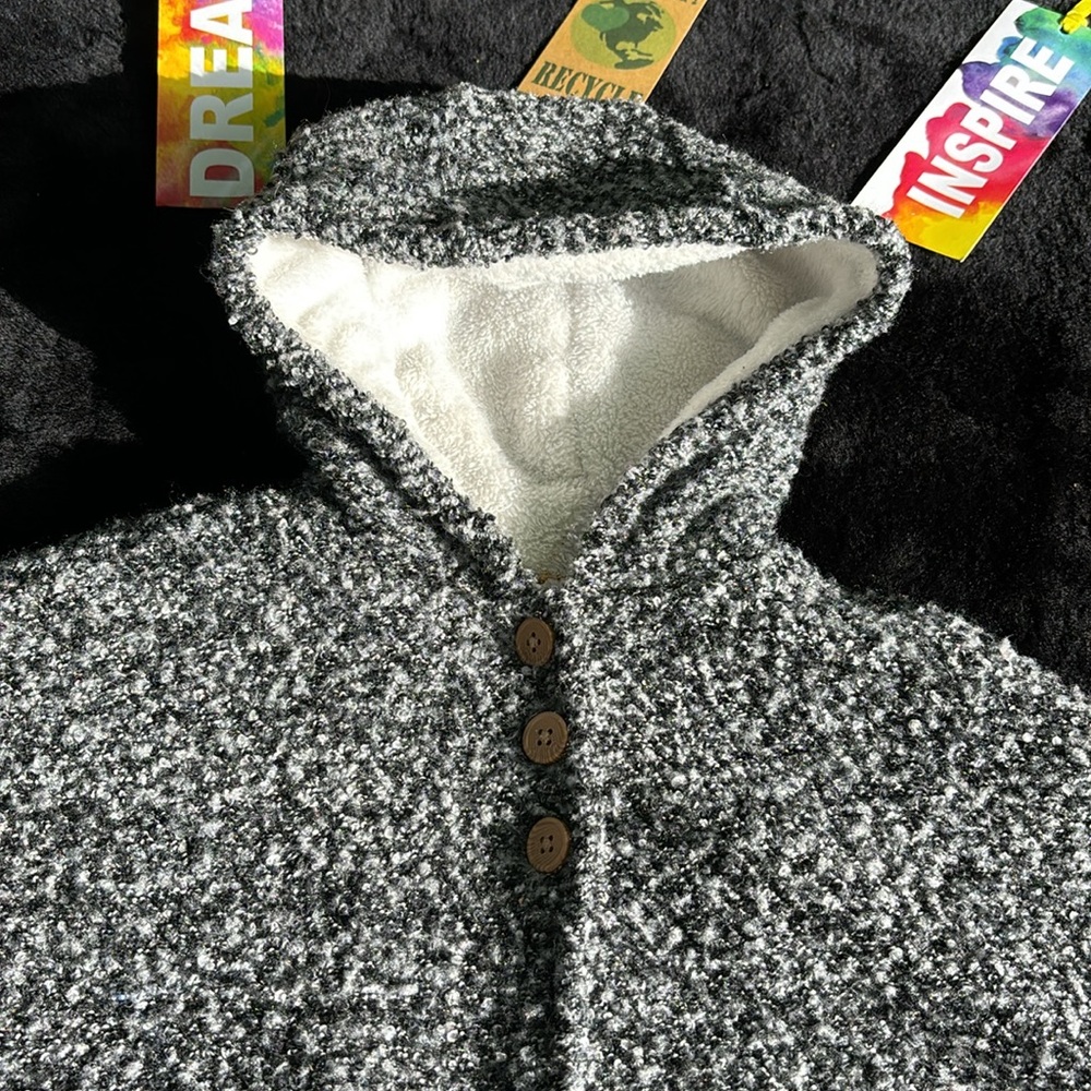 Carter’s Gray Hooded Sweater Cape White Fleece Lined Snap Sleeves Hoodie 18M